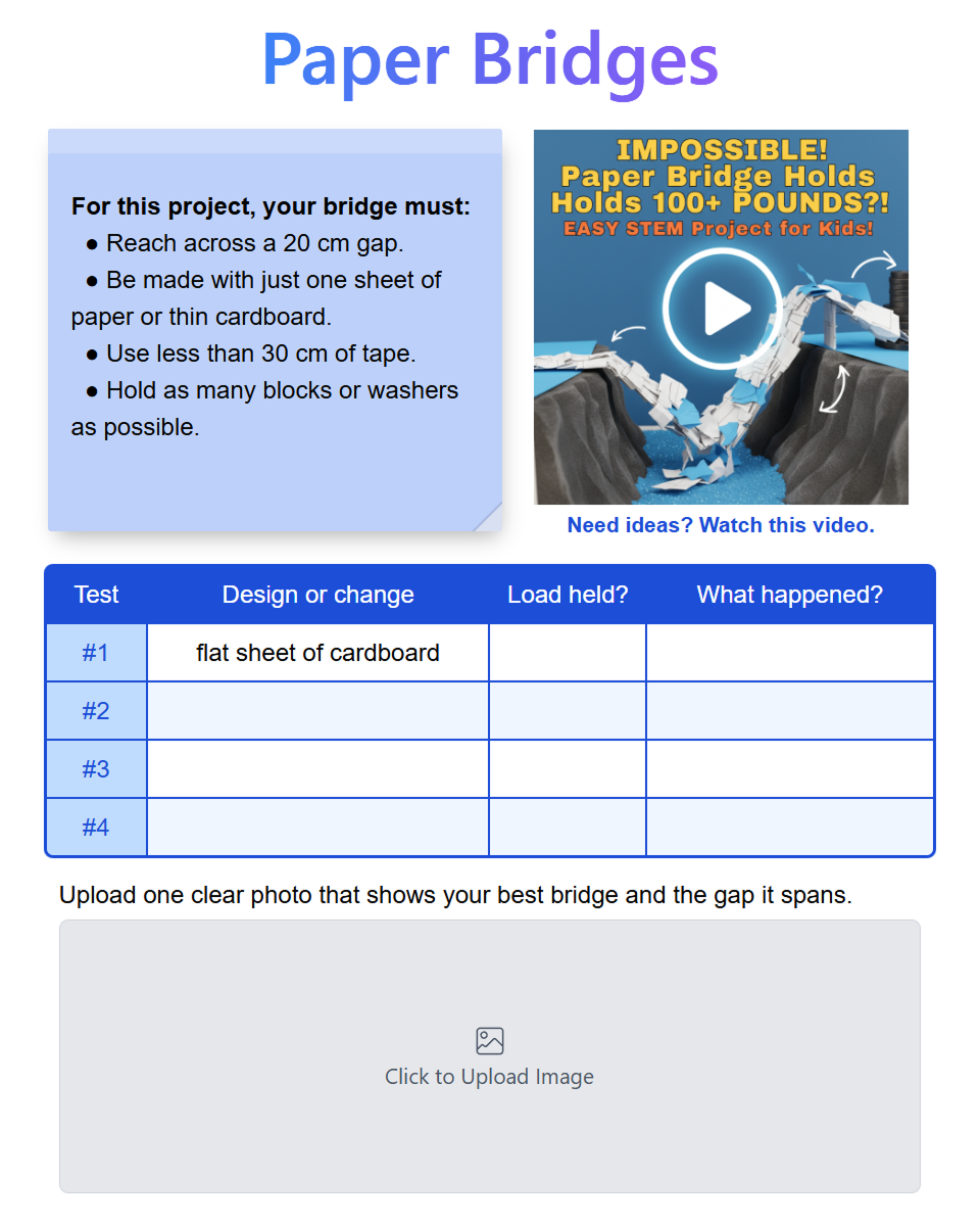A paper bridge engineering page with project constraints, a demonstration video, a test table, and a photo upload area