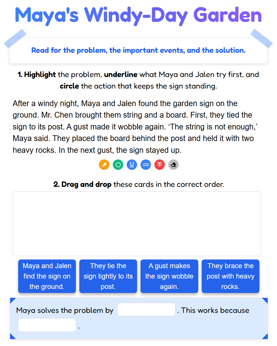 An elementary reading page with a short story, annotation tools, event-sequencing cards, and a guided written response