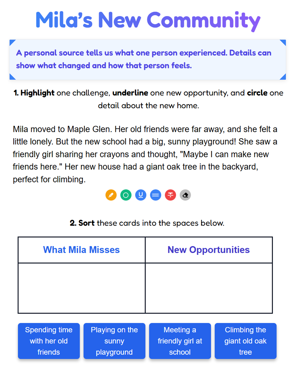 An elementary social studies page with a personal-source passage, annotation tools, and evidence-sorting cards about moving to a new community