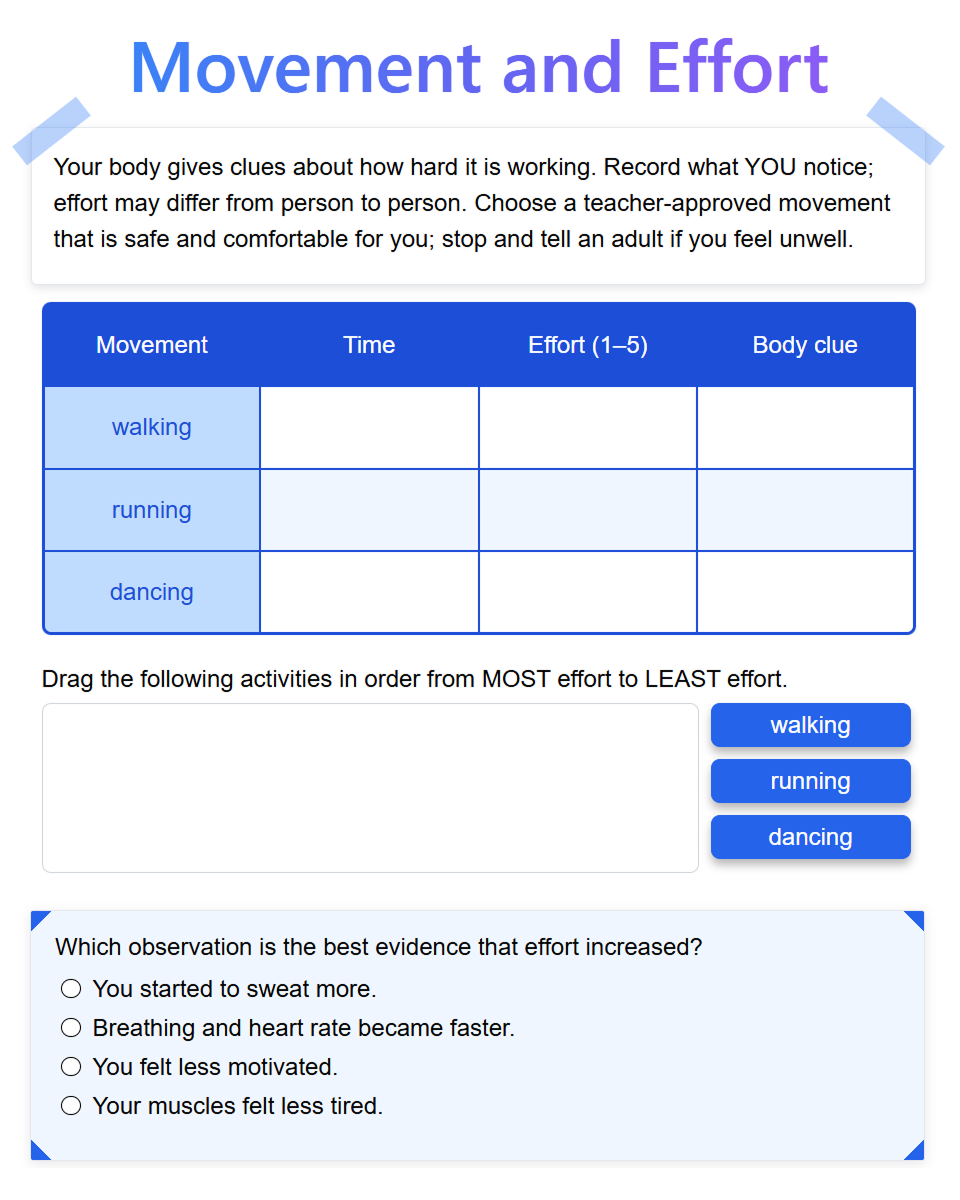 A movement and effort notebook page with an activity log, effort-ranking task, and evidence check