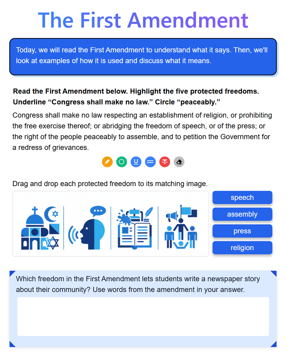 A First Amendment notebook page with source annotation, freedom matching, and a written response